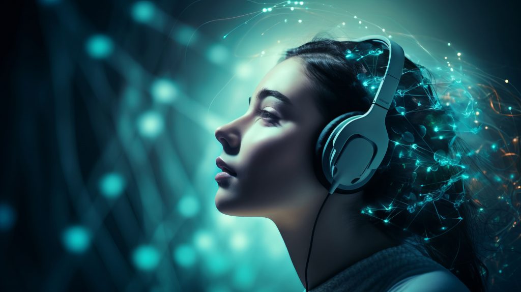 futuristic person listening music ultra modern headphones